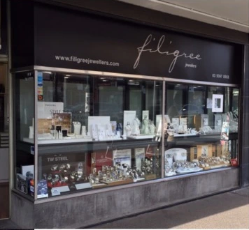 An archival photograph of the Filigree Jewellers storefront on Douglas Parade